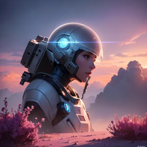 Robotic female astronaut walking through a sea of flowers with pink clouds floating, Futuristic sci-fi environment, Detailed space suit, Glowing Visor, Calm mood, Amazing alien landscapes, Bioluminescent Plants, Mysterious pink clouds, Breathtaking scale, ...