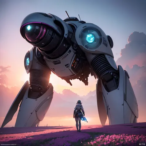 Robotic female astronaut walking through a sea of flowers with pink clouds floating, Futuristic sci-fi environment, Detailed space suit, Glowing Visor, Calm mood, Amazing alien landscapes, Bioluminescent Plants, Mysterious pink clouds, Breathtaking scale, ...