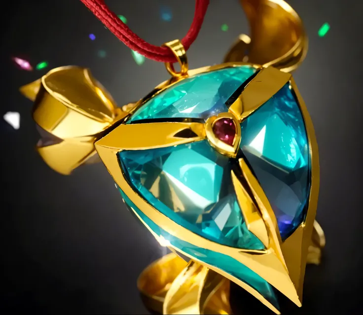 there is a gold and blue ornament with a red string, close up shot of an amulet, magic amulet, magical items, ✨🕌🌙, gems and gold, from league of legends, changelingcore, gold and gems, the orb of time, presenting magic gem, shiny jewels, saint seiya, the o...