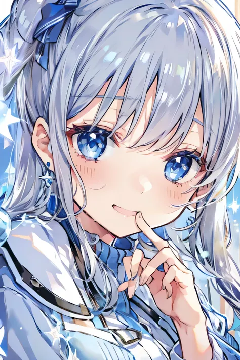 Silver-haired blue eyes、 girl、small breasts、twin tails、smile、gal girl、wearing cute earrings、uniform、knit cardigan、Has eye highlights、School、blue sky