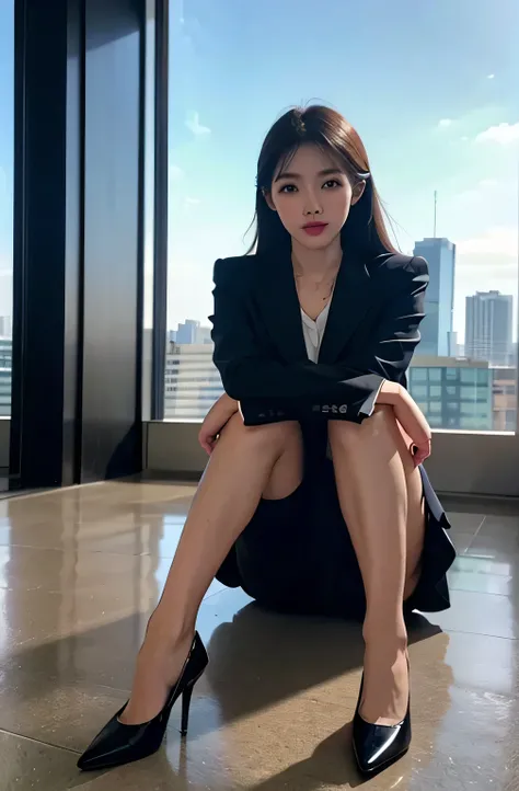 8k, 1 girl、solo、Parting lips、Officelady、Business suits、sky line、school classrooms、With your arms crossed behind your head、looking at viewert、high heels、veiny hands, visible veins on top of the feet, extremely veiny feet, detailed feet, focus on the veins o...