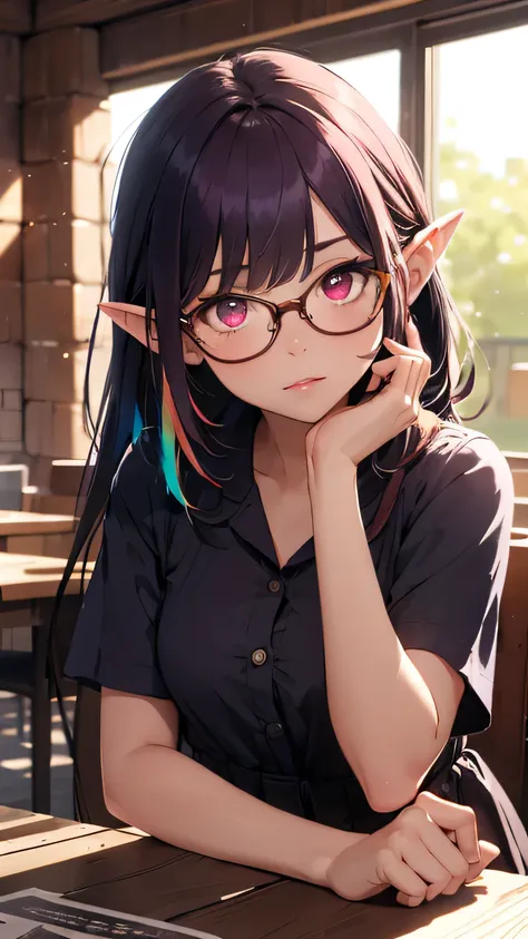 Masterpiece, best quality, 1girl, solo, glasses, pointy ears, lavender dress, in a room class, sitting, on the table, detailed background, depth of field, rimlighting, specular highlights,Blunt Bangs, red eyes, long dark purple hair, bloom, atmospheric lig...