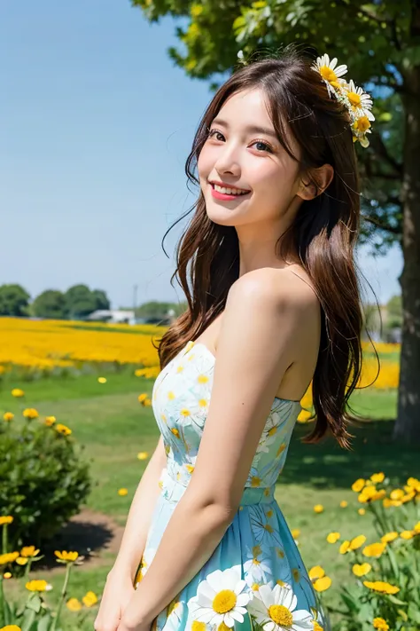 In a sunlit park adorned with blooming wildflowers, a beautiful young girl stands out, her bright eyes twinkling with an unmistakable glimmer of hope. Her long, flowing hair dances gently in the warm breeze, catching the light and shimmering with shades of...