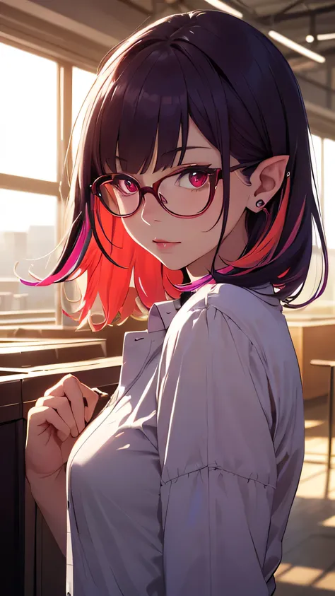 Masterpiece, best quality, 1girl, solo, glasses, pointy ears, lavender shirt, in a terminal, detailed background, depth of field, rimlighting, specular highlights,Blunt Bangs, red eyes, long dark purple hair, bloom, atmospheric lighting, (colorful, vivid, ...