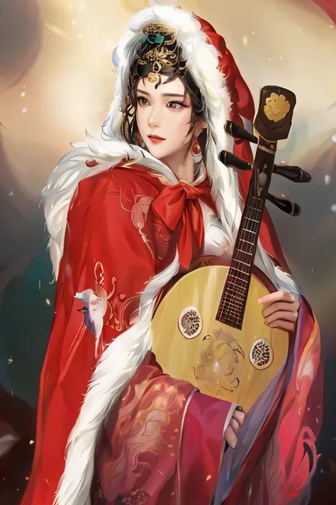 araped woman wearing a red cloak and holding a guitar araped woman wearing a red cloak and holding a guitar, inspired by song ma...