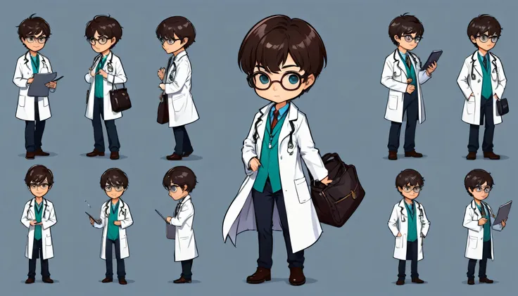 chibi style illustration magical man doctor with short hair. who wore glasses, and a lab coat, putting her hand into her bag, de...