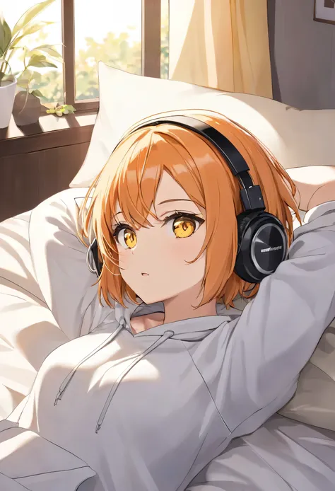 Beautiful adult woman、((Orange short-haired))(Yellow Eyes)、Put on a sweatshirt, lie on your back on the bed, and put headphones on your head.
