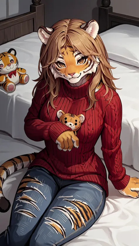 (zPDXL2), (PonyXLV6_Scores), source_anime, source_anthro, source_furry, Expressiveh, solo, three-quarter portrait, rating_explicit, asymmetric image BREAK
female, tiger girl, paws, sits on bed, siting, stitches, looking at viewer, (dressed, cute sweater, ...