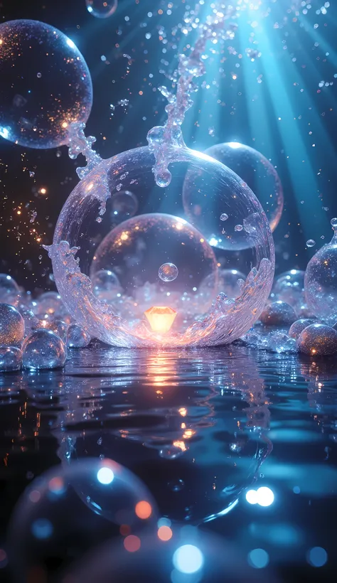 bubbles bursting, crumbling under the sea, a single gem floating in the bubbles, aesthetic art depicted within the bubbles, spac...