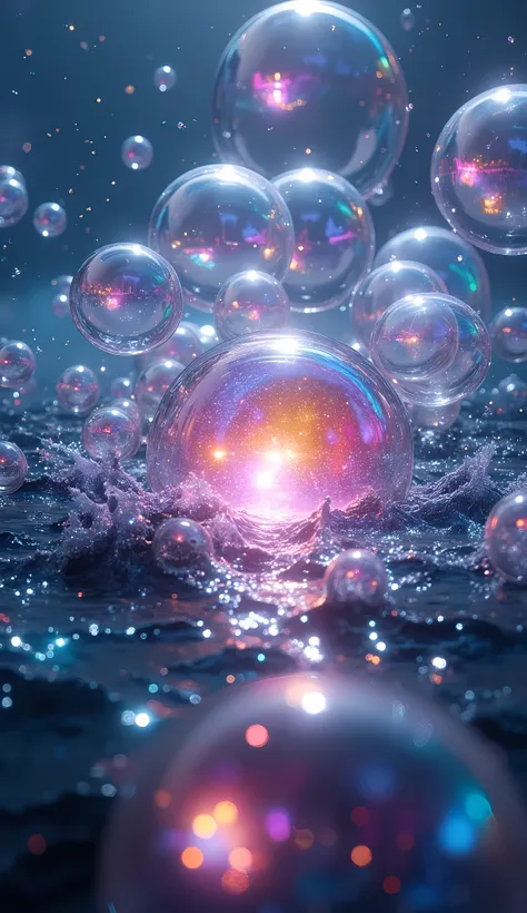 bubbles bursting, crumbling in the sea, a single gem floating in the bubbles, aesthetic art depicted within the bubbles, space t...