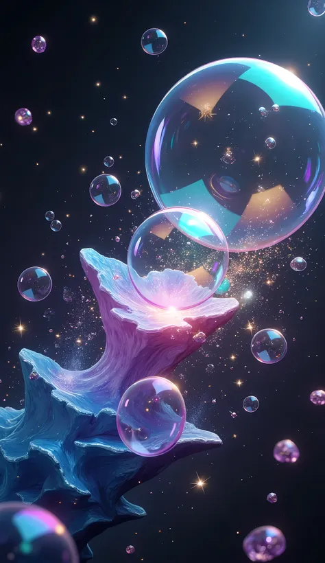 bubbles bursting, the moment when a bubble bursts, a single gem floating in the bubbles, aesthetic art depicted in bubbles that ...