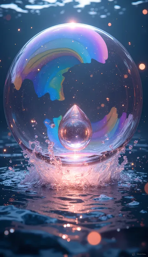 bubbles bursting, crumbling in the sea, a single gem floating in the bubbles, aesthetic art depicted within the bubbles, space t...