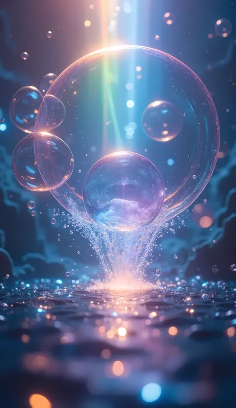 bubbles bursting, bubbles crumbling in the sea, aesthetic art depicted within the bubbles, space trapped in a bubble, a single g...