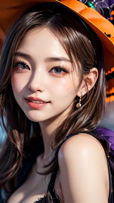 (All，20 year old Japanese woman, Detailed face, Beautiful detailed eyes, Fine droopy eyes,A beautiful and attractive smile, extremely Detailed face, cute:2.0), (Anime Style,Halloween Party:2.0), Colorful lighting, Pumpkin decoration, Haunted House, fog, Sp...