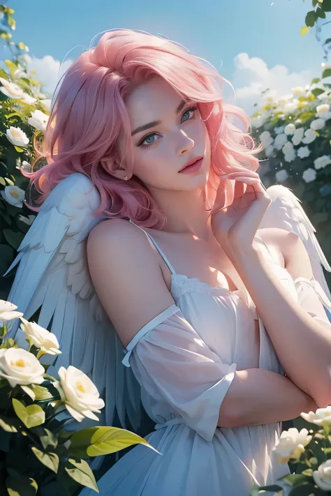 ((Best quality)), ((masterpiece)), mezcla 4, 8k (detailed), ((perfect face)) ((halfbody)), perfect proporcions, 18 years, he is a beautiful angel, he has short pink hair, wavy hair, he has big blue eyes, slim body, he dresses in white, he has angel wings, ...