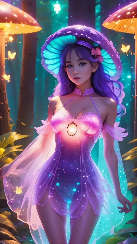 (La best quality, Ultra detailed, 32K, bright colors, hips) body is made entirely of fungi Bioluminescent fungi,Ariana Grande Mushroom Girl, naked, , bright colors, Fantasy, Magical creatures, multi-colored filmy spores, ethereal light, soft washcloth, Enc...