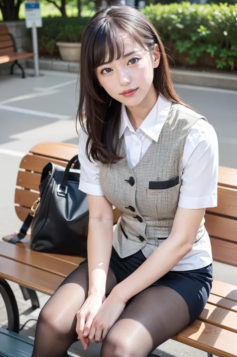 ulzzang-6500-v1.1,  (RAW Photos:1.2), (Realistic), (Genuine:1.4), １girl、Perfect Anatomy、42 years old、Looking at the camera、Medium long hair、Checked vest、((Sitting on a bench:1.3))、(Ultra-realistic pantyhose:1.2), (High heels)、(Business services)、Premonitio...