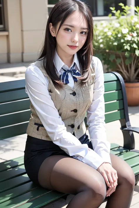 ulzzang-6500-v1.1,  (RAW Photos:1.2), (Realistic), (Genuine:1.4), １girl、Perfect Anatomy、42 years old、Looking at the camera、Medium long hair、Checked vest、((Sitting on a bench:1.3))、(Ultra-realistic pantyhose:1.2), (High heels)、(Business services)、Premonitio...