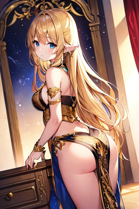 (4K、masterpiece、Best Quality、High image quality、Detailed light、Detailed Shadows、Detailed Design)、1 girl、Blonde、Long Hair、Golden decoration、White clothes、Fantasy、Butt、Creative costumes