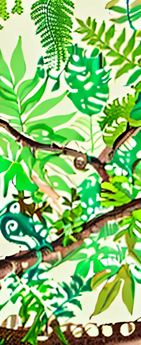 A jungle background with a chameleon on a tree branch in the middle, and the picture is covered with ferns, as well as green foliage plants