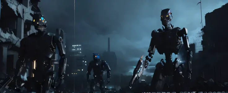 A dark, post-apocalyptic urban battlefield with towering ruins of destroyed buildings in the background. The ground is littered with debris and rubble. In the foreground, three tall, menacing, humanoid robots with metallic, skeletal frames and glowing eyes...