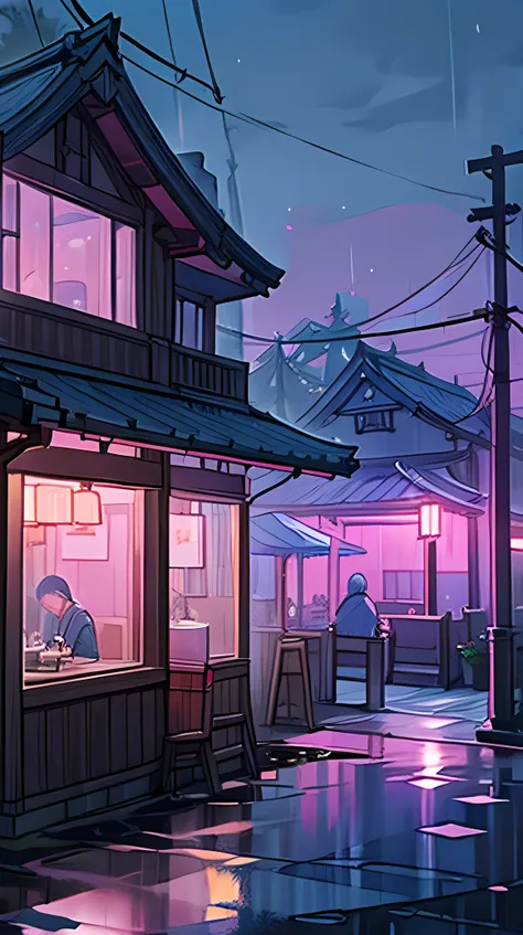 A detailed sketch of coffee shop japan, night, lighting in coffee shop, caple wires, rain, blue pink sky, glowing,