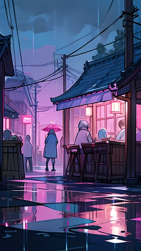 A detailed sketch of coffee shop japan, night, lighting in coffee shop, caple wires, rain, blue pink sky, glowing,