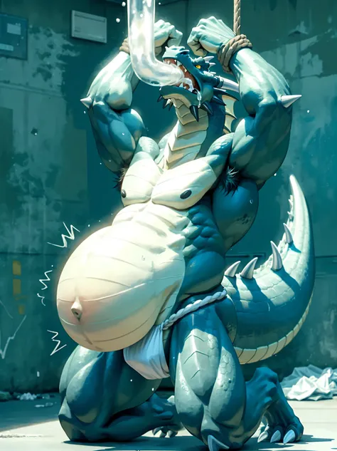 Male Dragon、Shaking Belly、Scales all over the body、White hose in mouth、Very thick white hose、Holding a white hose in his mouth、fundoshi、Under the chin、Angry、Face facing upwards、Frowning、Concrete Background、Garbage background、Kneeling pose、His hands are tie...