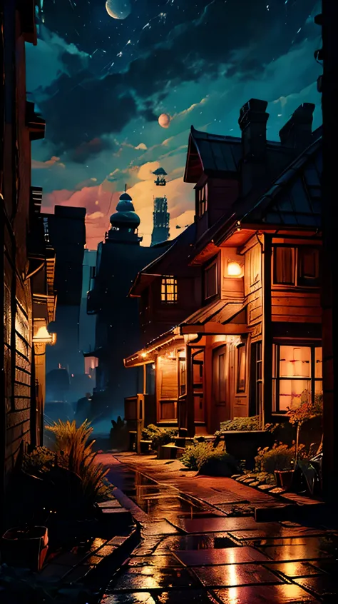 A detailed sketch of a pink sky at night, a small wooden house, rain falling, (best quality,4k,8k,highres,masterpiece:1.2),ultra-detailed,(realistic,photorealistic,photo-realistic:1.37),landscape,fantasy,atmospheric,moody lighting,dramatic lighting,cinemat...