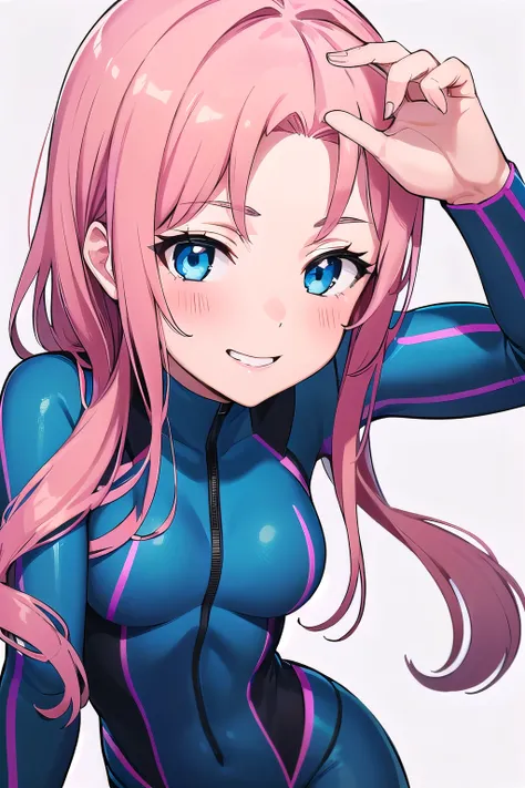 1girl,Samus aran,solo,blue eyes, pink hair, forehead   hair, zero suit ,purple stripes,cowboy shot,blush,,Science fiction,ultra-detailed,sharp focus,aesthetic,(best quality), white background, erotic smile