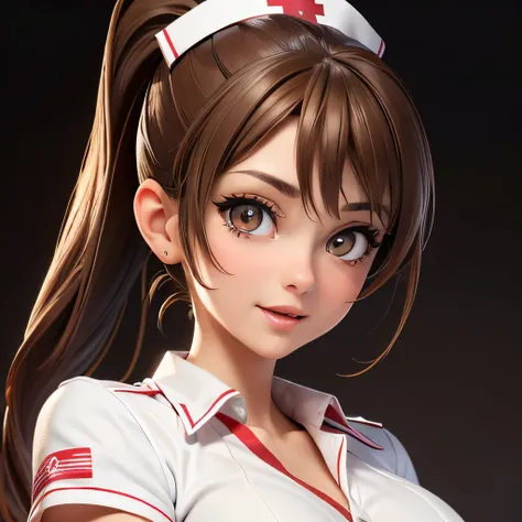 8k resolution,((Best Quality)),Ultra-high resolution,Adult women, Alone, sexy, (Ecstatic expression:1.4), (Light brown eyes), A beautiful, symmetrical face, (Brown medium ponytail),Nurse uniform,Nurse&#39;s white skirt,White Stockings,Realistic:1.4,Realist...