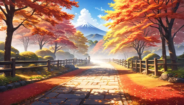 a beautiful autumn scene in japan, digital painting, illustration, stunning landscape, detailed scenery, vibrant colors, warm lighting, photorealistic, (best quality,4k,8k,highres,masterpiece:1.2),ultra-detailed,(realistic,photorealistic,photo-realistic:1....