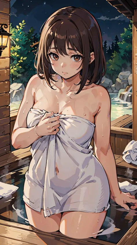 sksbrooke People, sksbrooke, (masterpiece:1.2), (Best Quality:1.2), Perfect Eyes, Perfect Face, (night),, (Exposing breasts), close, One girl, Alone, Brown eyes,,Roll up a towel,Voluptuous body,Soak in a hot spring