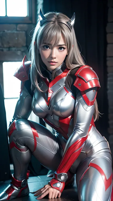 8 KUHD、Highly detailed natural skin、Skin dents、Intricate details、(Accurate Anatomy of the Body)、(Photorealistic:1.5)、(Sharp Focus)、High quality and colorful、1girl、Realistic、Realistic、Cinematic Lighting, A girl in a shiny red and silver Ultraman suit、20 yea...