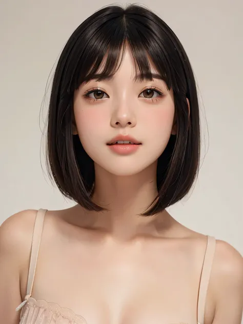 Oval bob hair、Japanese、One girl, High resolution, Bangs between the eyes, Open your mouth a little to see your front teeth、blush one's cheeks、Organza see-through outfit、Light makeup、Droopy eyes、Thin, light-colored eyebrows、Eyebrows, eyes, mouth and nos...