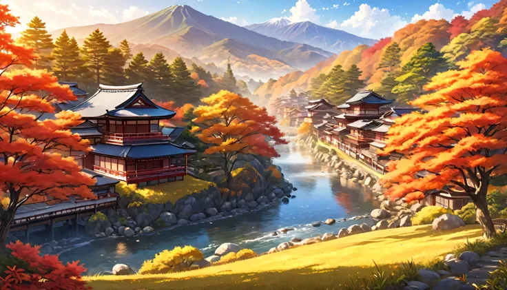 a beautiful autumn landscape in japan, detailed illustration, (best quality,4k,8k,highres,masterpiece:1.2),ultra-detailed,(realistic,photorealistic,photo-realistic:1.37),vibrant colors,warm lighting,intricate foliage,traditional japanese architecture,golde...