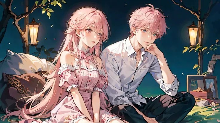 Couple, boy and girl, white long hair boy, pink hair girl, hugging each other, sitting, cozy, full body, love, girl sitting on top of boy, facing eachother