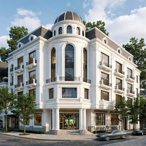 Raw photo, Masterpiece, high quality, best quality, realistic, super detailed, rooftop glass roof
exterior, outdoor, Mediterranean style house on aiaigroup street
road, sidewalk, grass, trees, sky, clouds, (date:1.1) Arafed building with a white fence and ...
