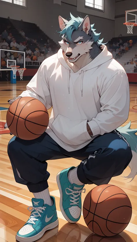 Anime style illustration of a white furry wolf,With hands and feet, Wearing white sweatshirt, Dark blue sweatpants, and turquoise Converse sneakers. The wolf is on the school basketball court,Doing basketball shooting。