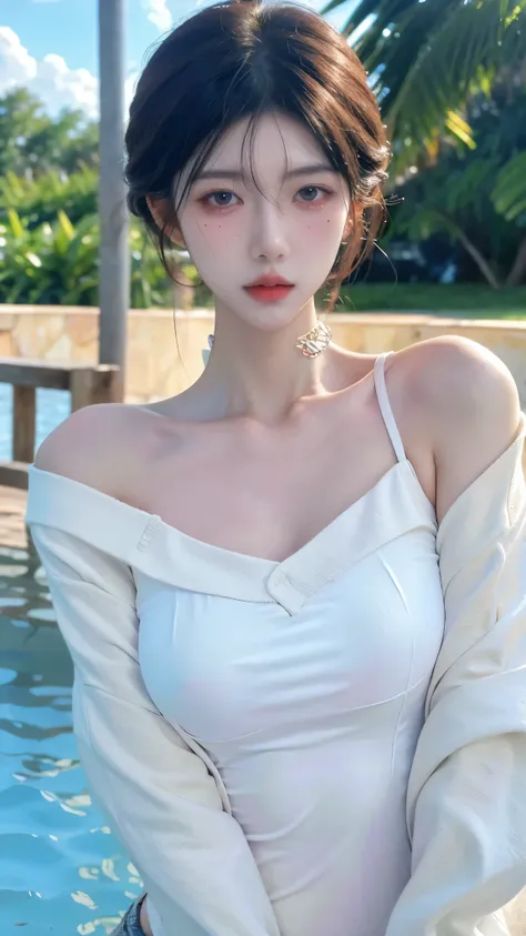 High quality，2k，Beautiful woman，（（Imagine：1.4）），Swimming pool background，Snow-white and clear skin，Cold and ruthless expression，Obvious vest line，Beige sweater，Have a perfect body：1.4，Layered Hairstyle，Visible cleavage，Big breasts：1.6，（（whole body：1.4）），Hi...