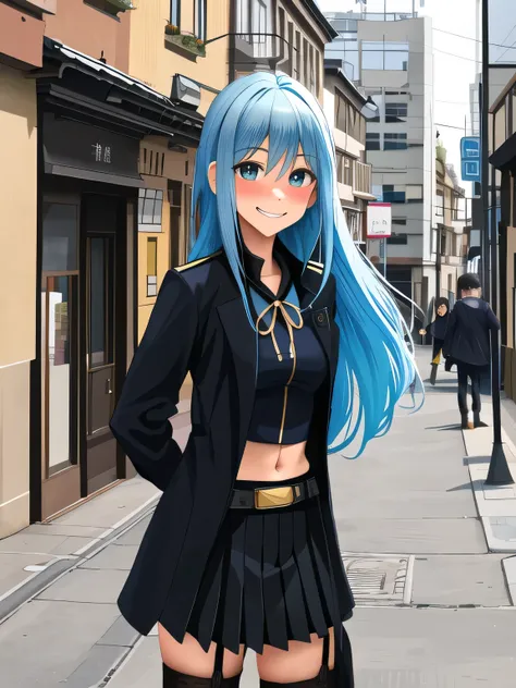 masterpiece, best quality, highres, rimuru tempest, blue hair, long hair, medium breasts, black sailor uniform, stocking, cleveage, show stomach, belt, black pleated skirt, cowboy shot, standing, looking at viewer, city road, outdoor, modern city road, blu...