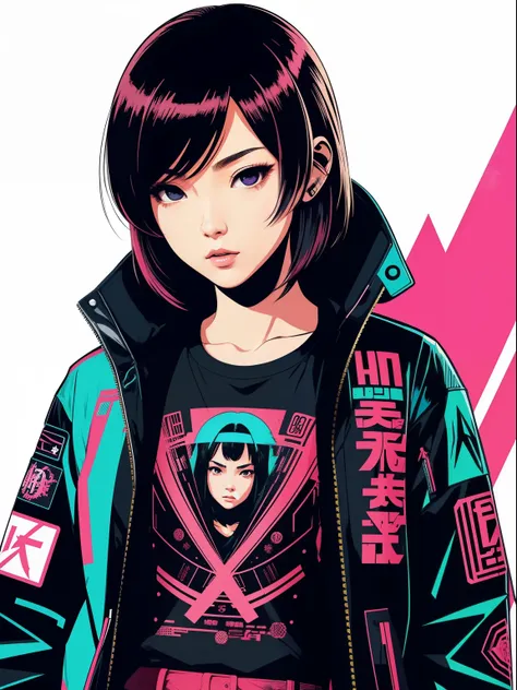 "Japanese vintage art, t-shirt design, vector art, a girl wear cyberpunk jacket, flat art."