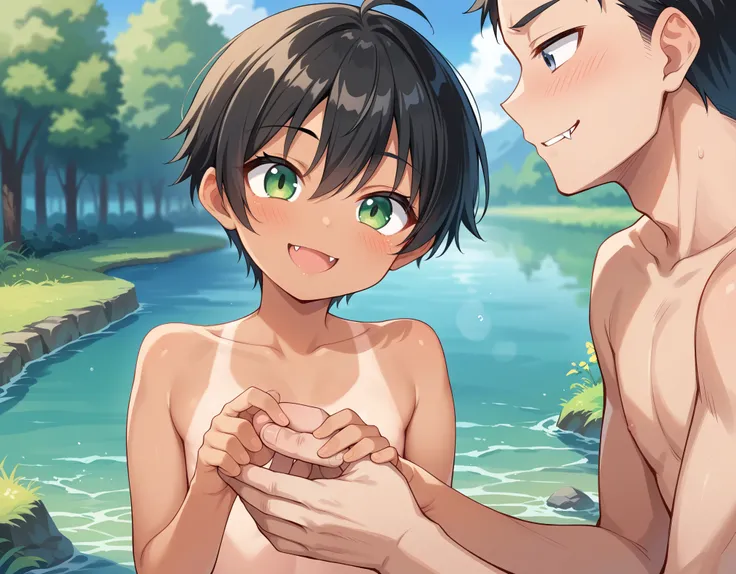 masterpiece, Best Quality, Very detailed, anime, girl,Black Hair,extra short hair,boyish,Tomboy,short,Flat Chest,, ( tanned skin, nude,Cute Fangs,),((Shes holding a mans hand, smiling, blushing, and has semen all over her body.)), (((river,Outdoor, In natu...