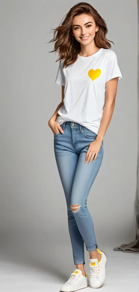 mage of safura hugt, 1 adult, attractive, athletic, proportional body, 、smile、Brown Hair、Hairstyle: Medium long、 sparkling yellow eyes, Ｔshirt、Skinny jeans、, wearing white sneakers, looking at the camera, standing,
