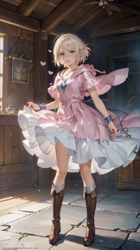 anime - style illustration of a woman, ((Fantasy)), small girl, cute girl, (platinum blond short hair:1.5), Kind face, Cute smile, blush, adventurer, (((Hooded Pink-brown silk long-caped))) Fluttering in the wind, ((Leather boots)), (((pink Heart necklace)...