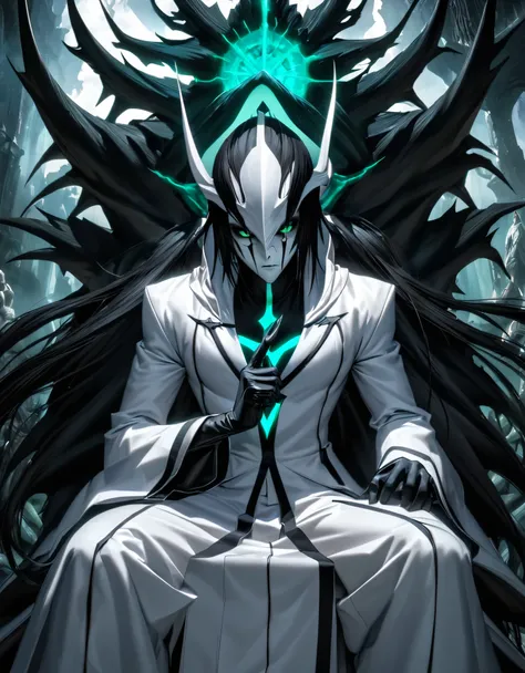 Ultra-Detailed, highres, Absurdres, HDR, A blank-faced man wearing a hooded cloak, Ulquiorra Cifer, Short, messy black hair, white skin, Intimidating Green Eyes, black Arrancar uniform, Black aura around, (Transcendent Hollow God, Hueco Mundo/Bleach Suprem...