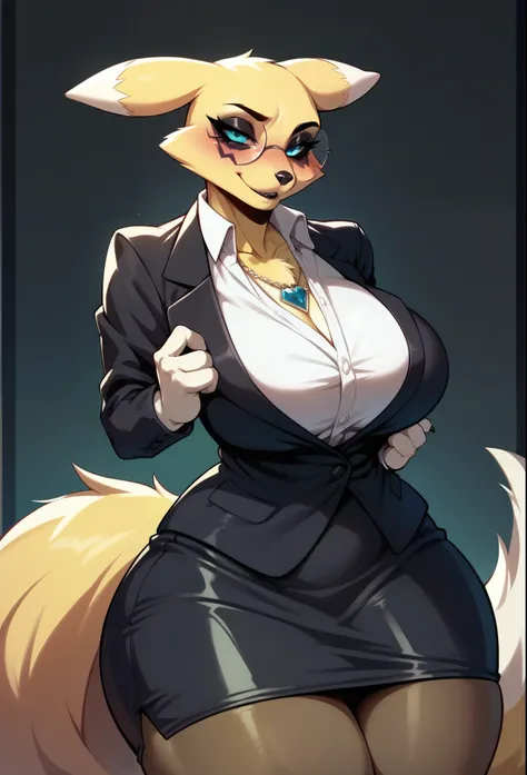 check_9, check_8_up, check_7_up, from the author: An anthropomorphic furry female renamon howled, big breasts, big ass, masterpiece, open neckline, Necklace, corporate goth, black makeup, black blazer, black pencil skirt, glasses nylon tights, fluffy tail,...