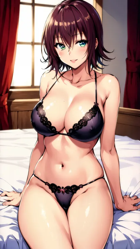 (masterpiece),Best Quality, (anime),High resolution,Ryoko Mikado , Short Hair, good, thong, Black Lingerie,Aesthetic Anime Eyes ,Big Breasts,Slender waist, (Cowboy Shot),bedroom,bed,sit,(bedに座る:1.3),24 years old,Smile,White,arm behind back,White,