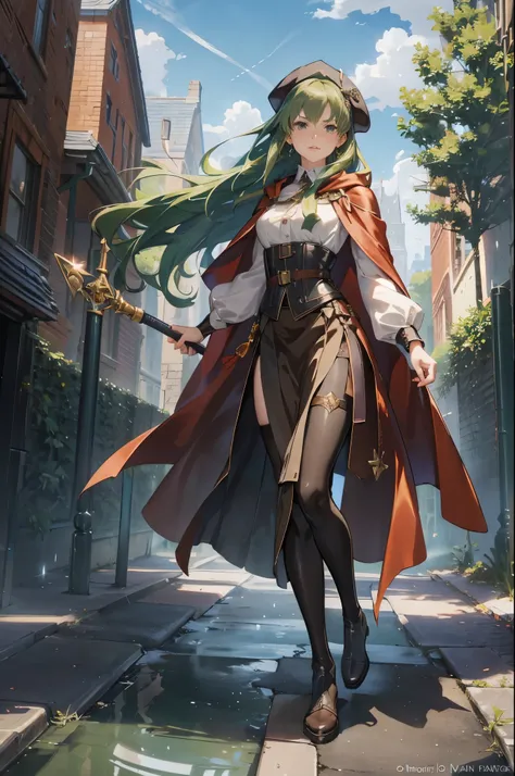 anime - style illustration of a woman, fantasy RPG video game character, official character art, ((fantasy)), young and beautiful, 22 years ago, dynamic pose, (((long straight deep green hair))), ((One side is woven with orange ribbon)), dull bangs, beret,...