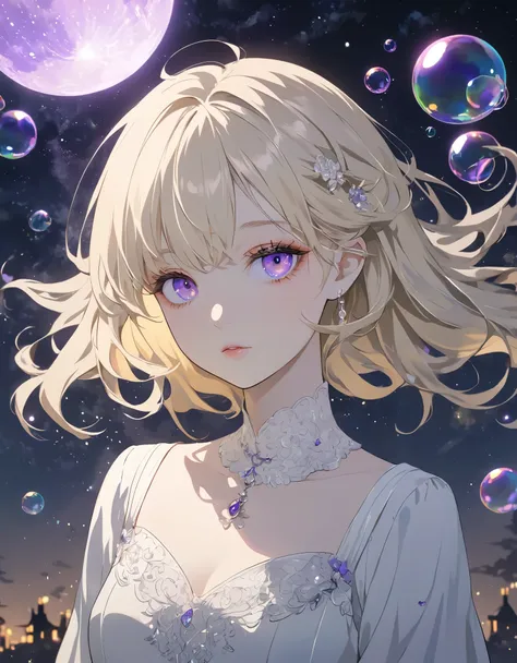 (Highest quality:1.2), Beautiful lo-fi minimalist vibe, Cute Highest quality:1.2), Beautiful lo-fi minimalist vibe, Cute, a beautiful anime style girl with light blonde hair, violet eyes, blowing bubbles under a starry night sky, extremely detailed face an...